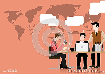 Vector team work Businessman brainstorming to think globally and meeting with world maps used in business applications flat design Vector Illustration