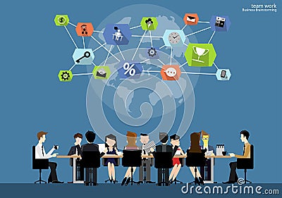 Vector team work Businessman brainstorming to think globally and meeting with world maps used in business applications flat design Vector Illustration