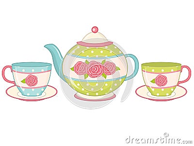 Vector Tea Pot with Tea Cups and Saucers Vector Illustration
