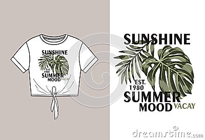 Vector technical sketch of crop top t shirt with knot and print with monstera and palm leaves with slogan Stock Photo