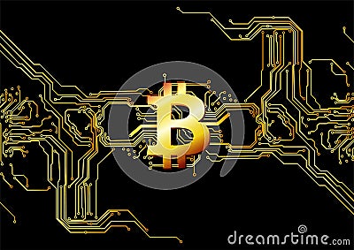 Vector technology golden bitcoin and circuit background . Vector Illustration