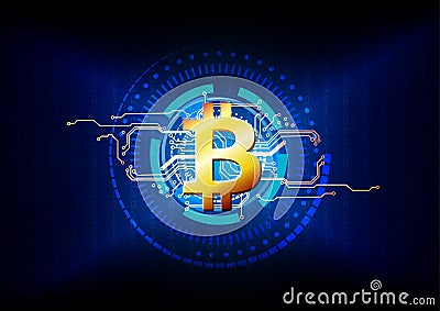 Vector technology golden bitcoin and circuit background . Vector Illustration