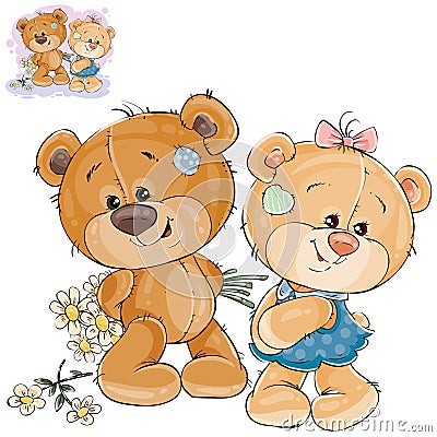 Vector teddy bear hides behind back a bouquet of flowers and does not dare to give them to her girlfriend. Vector Illustration