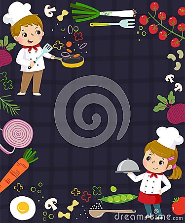 Template for advertising background in cooking concept with two kid chefs Vector Illustration