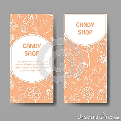 Vector template for business card with hand drawn candy sweets. Food shop poster. Brochure with lollipop, gum, nicy Vector Illustration