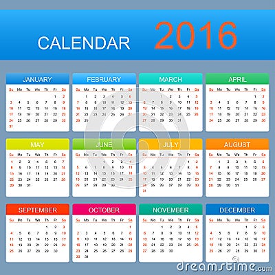 Vector template calendar 2016 years. Week starts with sunday Vector Illustration