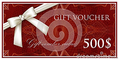 Vector template design of red gift voucher or certificate with guilloche pattern, watermarks, white bow and ribbon Vector Illustration