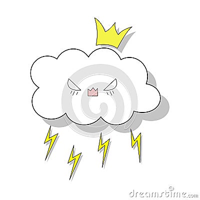 Vector template of evil cloud with lightnings. Isolated on a white background with hearts for children`s parties. Vector Illustration
