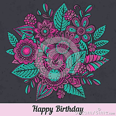 Vector template with hand drawn colorful doodle fancy flowers Stock Photo