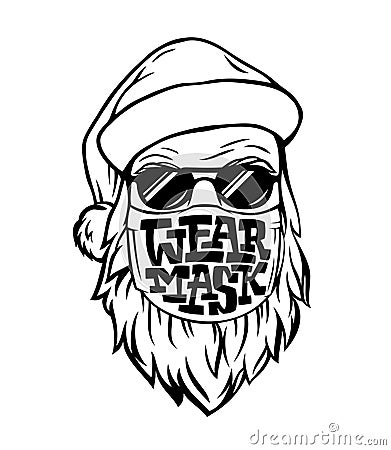 Vector template with hand drawn Santa in medical mask. Lettering WEAR MASK isolated on white background. Monochrome Vector Illustration