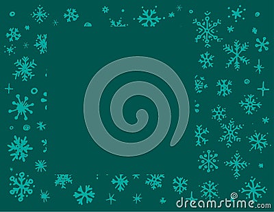 Vector template made of turquoise snowflakes with an empty quadrate for text on a green background. a hand-drawn frame Vector Illustration