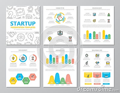 Set of colored startup and business elements for multipurpose a4 presentation template slides with graphs and charts Vector Illustration