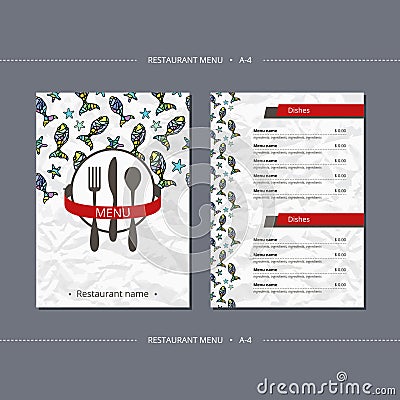 Vector template restaurant menu with funky fish Vector Illustration