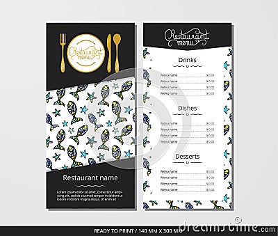 Vector template restaurant menu with gold cutlery and funky fish Vector Illustration