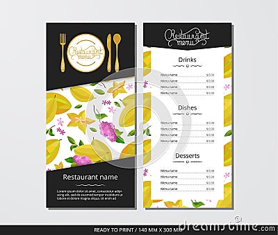 Vector template restaurant menu with gold cutlery and pattern carambola with flower Vector Illustration
