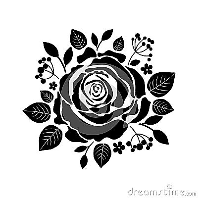 Vector template roses. Black silhouette of rose with leaves. Vector Illustration