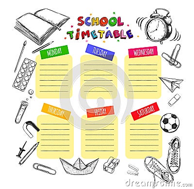 Vector Template School timetable for students and pupils. Illustration includes many hand drawn elements of school supplies. Schoo Vector Illustration
