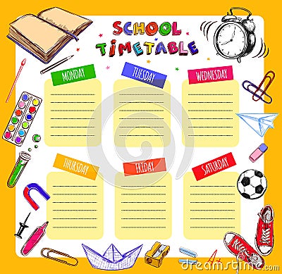 Vector Template School timetable for students and pupils. Illustration includes many hand drawn elements of school supplies. Schoo Vector Illustration