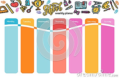 Vector Template School timetable for students and pupils. Illustration includes many hand drawn elements of school supplies. hand Cartoon Illustration