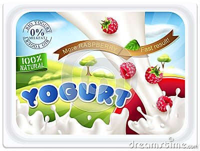 Vector template stickers for packing yogurt with raspberries on Vector Illustration