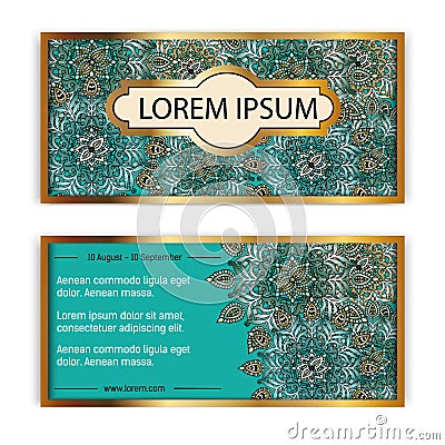 Vector template vintage gift card card. Floral mandala pattern background. National design Layout. Islam, Arabic, Indian Vector Illustration