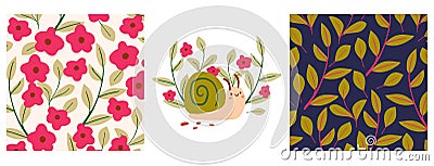 Cute kids patterns with flowers, snail, seamless background, and baby shower greeting card. Vector Illustration