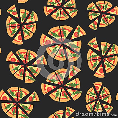 Vector texture of pattern with margherita pizza. Slices in a flat style. Seamless background Vector Illustration
