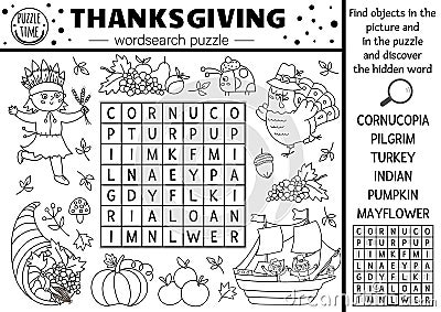 Vector Thanksgiving black and white wordsearch puzzle for kids. Simple line autumn camp crossword with traditional symbols. Vector Illustration