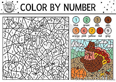 Vector Thanksgiving color by number activity with turkey and pumpkin in the field. Autumn holiday counting game with cute bird. Vector Illustration