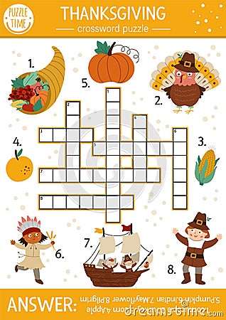 Vector Thanksgiving crossword puzzle for kids. Simple autumn quiz with traditional symbols for children. Educational activity with Vector Illustration