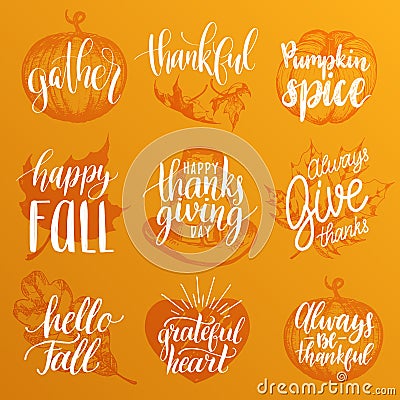 Vector Thanksgiving lettering with illustrations for invitations or festive greeting cards. Handwritten calligraphy set. Vector Illustration