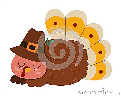 Vector Thanksgiving turkey in pilgrim hat. Autumn bird icon. Fall holiday sleeping animal with closed eyes isolated on white Vector Illustration