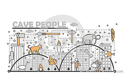 Vector thin line art cave people poster banner Vector Illustration