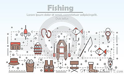 Vector thin line art fishing poster banner template Vector Illustration