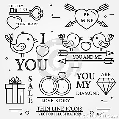 Vector thin line badge, label set for Saint Valentine's day and Vector Illustration