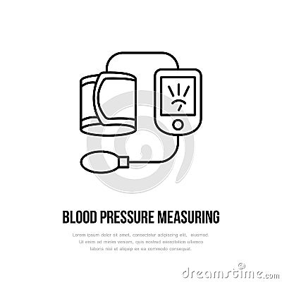 Vector thin line icon of blood pressure measurement. Hospital, clinic linear logo. Outline tonometer symbol, medical Vector Illustration