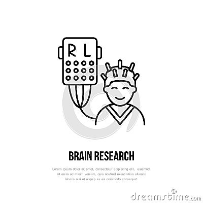 Vector thin line icon brain research. Hospital, clinic linear logo. Outline encefalogram symbol, medical equipment Vector Illustration