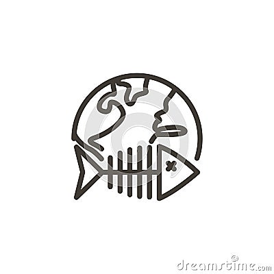 Vector thin line icon illustration with fishbone dead fish spine with planet earth. Minimal illustration representing health of Vector Illustration