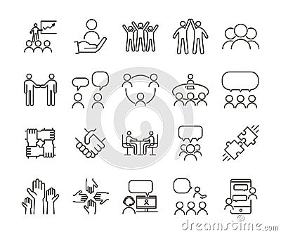 Vector thin line icon illustration set. Teamwork and people interacting, communicating and working together for business companies Vector Illustration