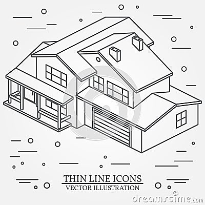 Vector thin line icon isometric suburban american house. For web Vector Illustration