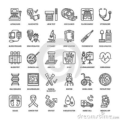 Vector thin line icon of medical equipment, research. Medical check-up, test elements - MRI, xray, glucometer, blood pressure, lab Vector Illustration