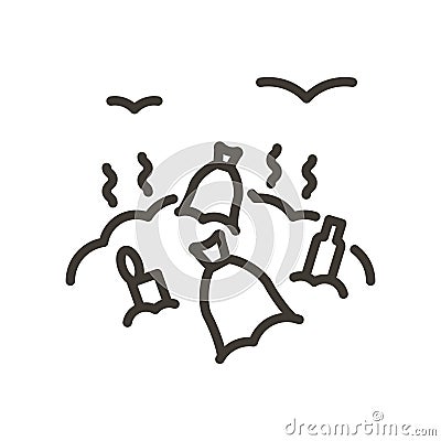 Vector thin line icon outline linear stroke illustration of a garbage pile landfill surrounded with seagulls Vector Illustration