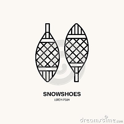 Vector thin line icon of snowshoes. Winter recreation equipment rent logo. Outline symbol of walking on snow. Cold Vector Illustration