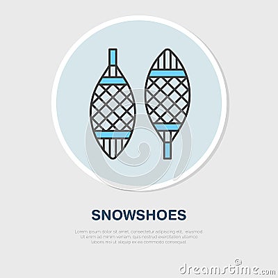 Vector thin line icon of snowshoes. Winter recreation equipment rent logo. Outline symbol of walking on snow. Cold Vector Illustration