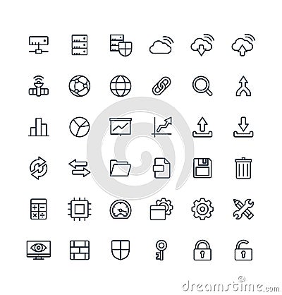 Vector thin line icons set with big data and analytics technology outline symbols Vector Illustration