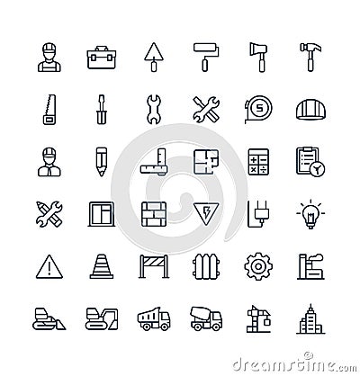 Vector thin line icons set with construction, industrial, architectural, engineering outline symbols Vector Illustration