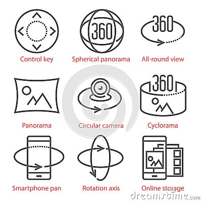 Vector thin line icons set with 360 Degree View and, Panorama tools and applications. Vector Illustration