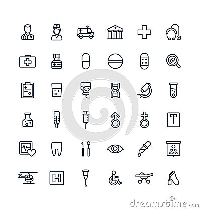 Vector thin line icons set with medical, medicine and healthcare outline symbols. Vector Illustration