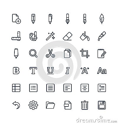 Vector thin line icons set and graphic design elements. Illustration with text edit, graphic tools outline symbols Vector Illustration