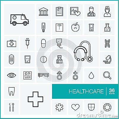 Vector thin line icons set. Healthcare Vector Illustration